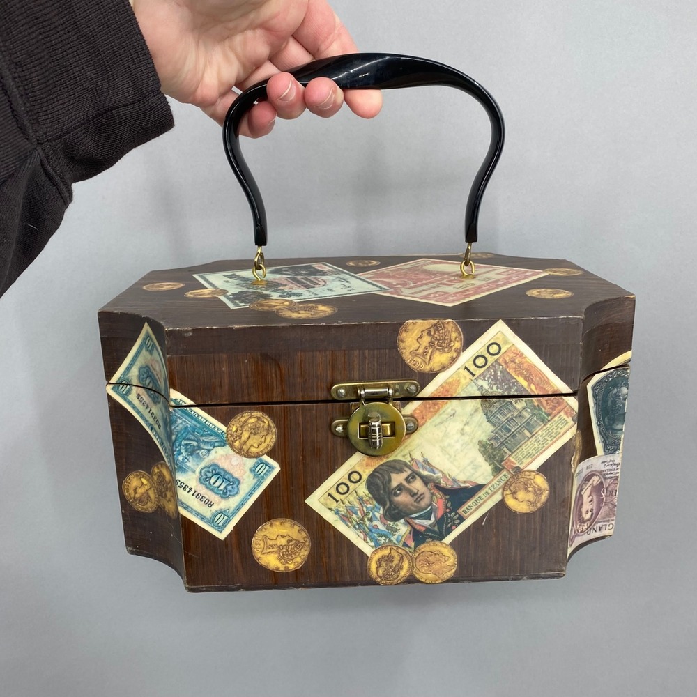 Vintage Wooden Box Purse International Currency Decoupage Octagon Handbag Brown‎